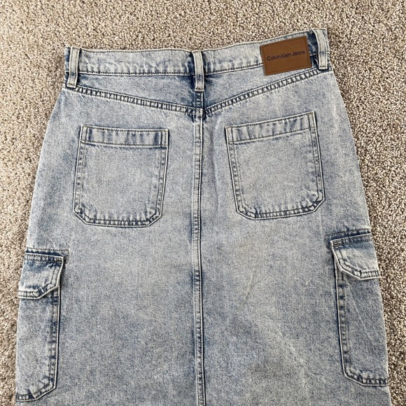 Calvin Klein Jeans Skirt Womens 30 Blue Denim Cargo Midi Pockets Slit Utility - Picture 3 of 8